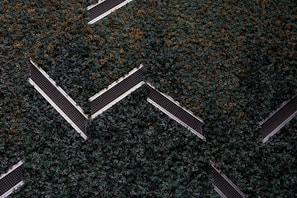 Aerial view of a series of solar panels embedded within dense green foliage, arranged in a geometric zigzag pattern.
