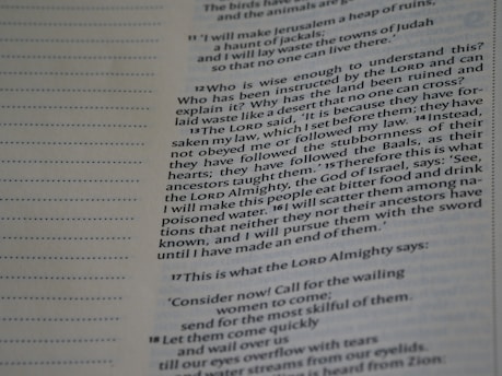 A close-up of a page from a religious text, featuring numbered verses and passages written in two columns. The text is printed in a serif font on off-white paper with faint grey lines separating sections.