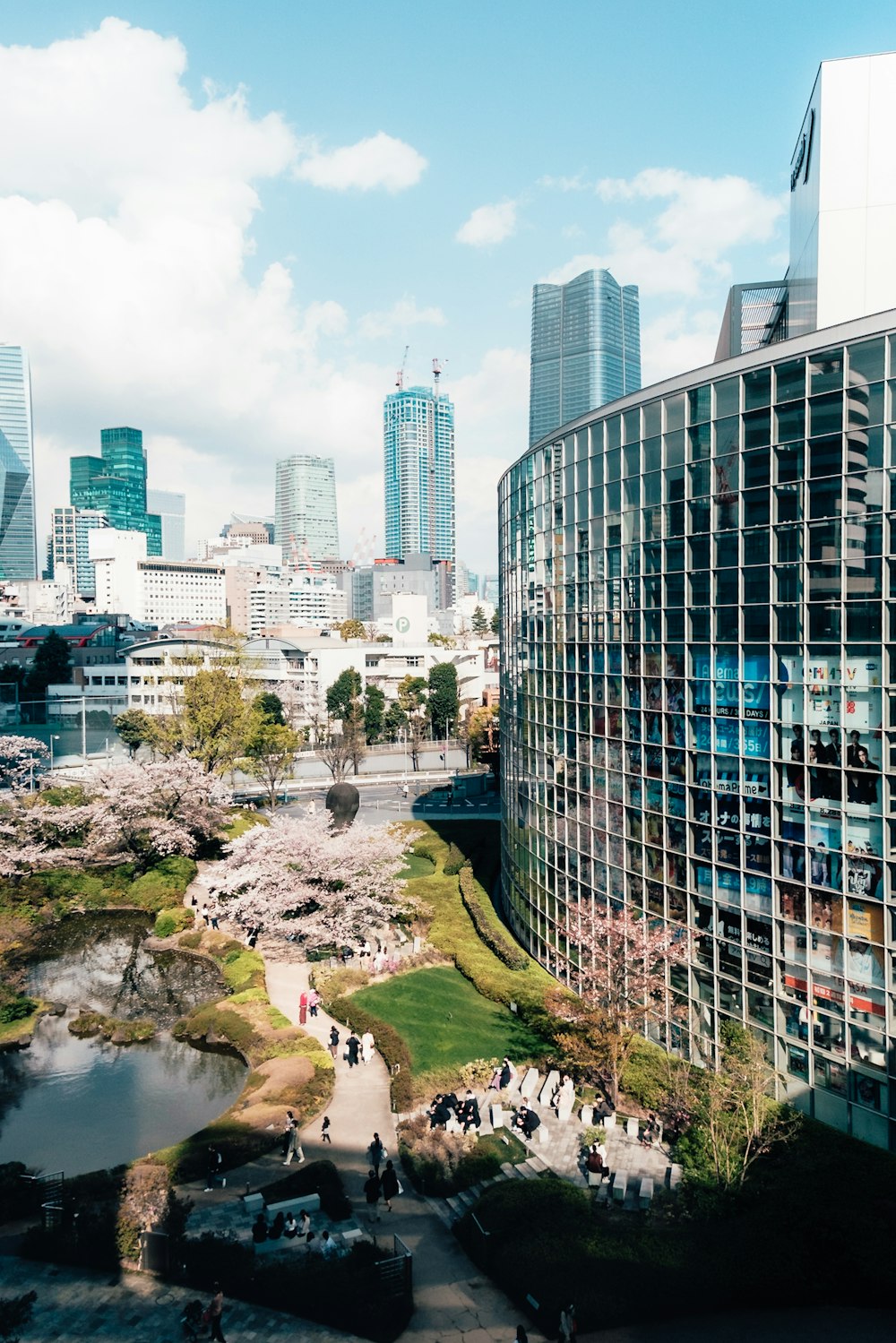 Una vista di una città con i fiori di ciliegio in fiore