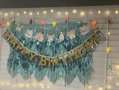A decorative setup with a 'Happy Birthday' banner featuring glittery gold and silver letters. Above it are cartoon animal faces wearing party hats, and the backdrop is a fringe of metallic teal material. String lights with warm yellow and multicolor fixtures add a festive atmosphere.