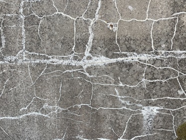 A close-up view of a rough, cracked concrete surface. The surface features intricate patterns of white lines, formed by the cracks spreading throughout the grayish texture.