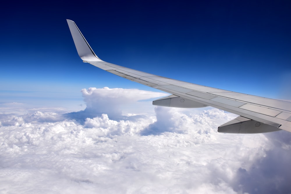 the wing of an airplane flying above the clouds