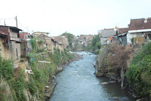 A small river flows through a densely populated area, bordered by various rustic houses. The riverbanks are covered in lush greenery, and some houses are built precariously close to the water. The area looks somewhat overgrown and untidy, with various plants and vegetation climbing the walls. The roofs and walls of the houses are varied in color and material, suggesting a modest community setting.