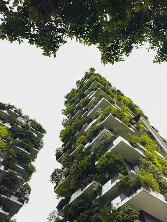 Tall buildings covered in lush greenery, featuring numerous plants and small trees on each balcony, creating a vertical garden effect. The architectural design blends urban structures with natural elements, visible against a pale sky. Surrounding trees frame the image, enhancing the green aesthetic.