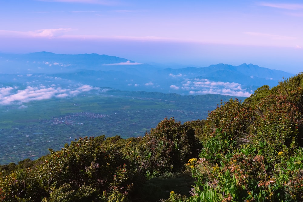 a view of the mountains and clouds from the top of a hill