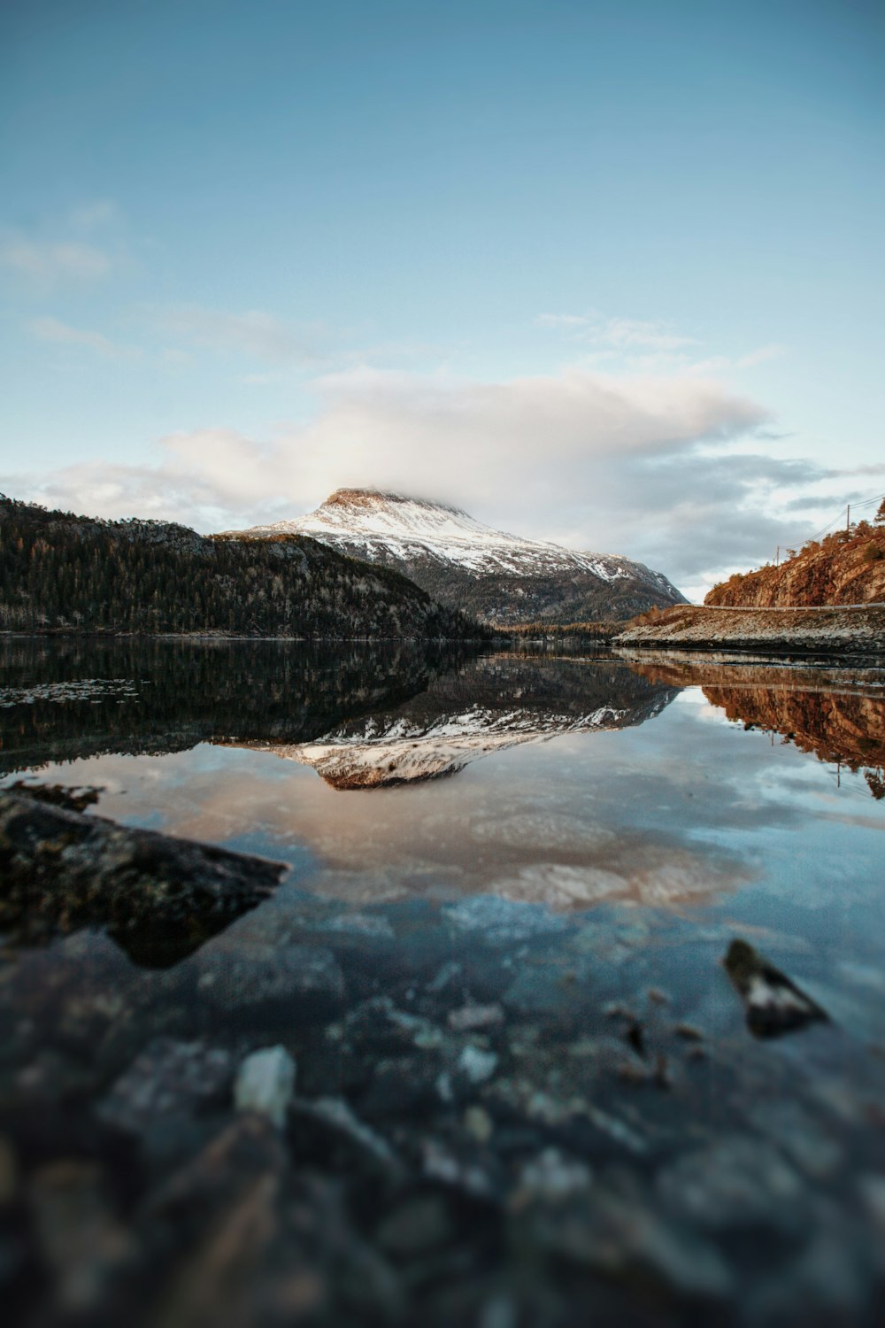 a lake with a mountain in the background