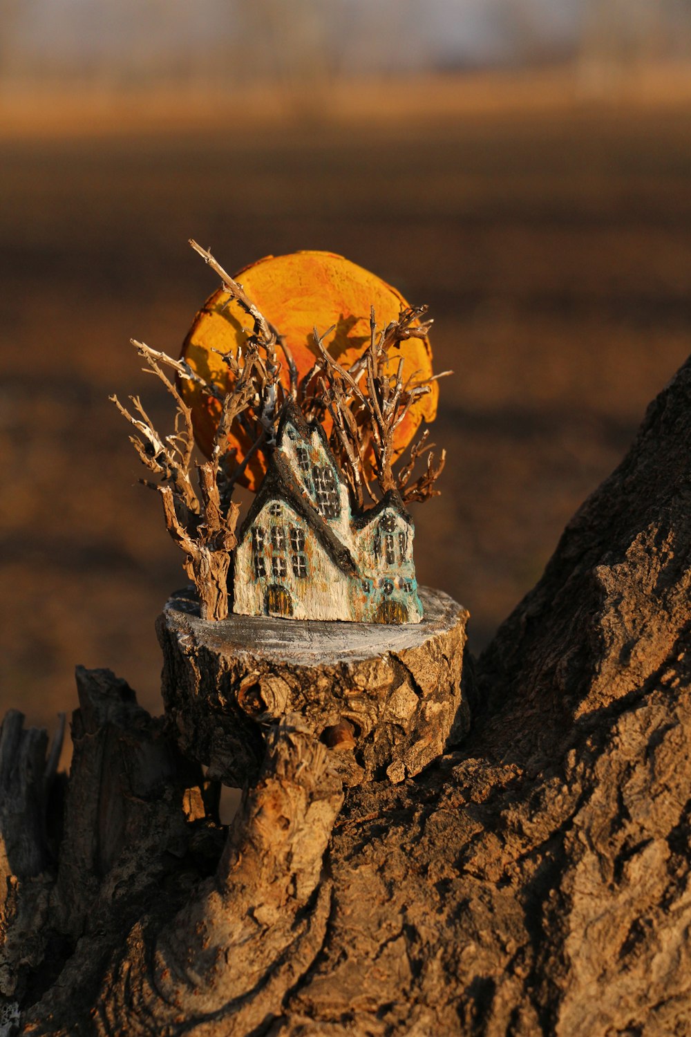 a small house on top of a tree stump