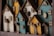 A collection of small, colorful wooden houses is closely arranged. Each house features detailed elements such as roofs, windows, and doors, showcasing a quaint and charming aesthetic.