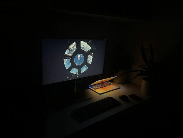 A sleek, dark-mode styled workspace with glowing neon blue circuits and a futuristic AI interface on screen.