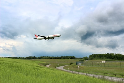 An airplane with a Swiss logo is flying over a lush green field with a winding path. The sky is mostly cloudy, suggesting an overcast day, with some patches of blue visible. There are fences running along the field, and a forested area is visible on the horizon.