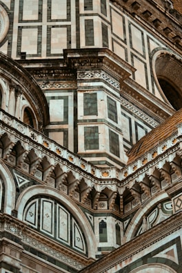 A close-up of the intricate architecture of a villa's facade.