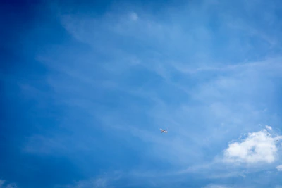 A wide shot of a clear blue sky with a small airplane soaring high, symbolizing dreams of flight.