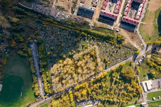 An aerial view of a landscape featuring a densely wooded area surrounded by a cemetery with visible tombstones arranged in neat rows. Beyond the cemetery, there is a construction site with several rectangular buildings with red roofs, and numerous vehicles and equipment. Adjacent to these, there are several green fields and patches of grass, with a few scattered trees. Roads with vehicles cut through the image, showing a mix of natural and urban environments.