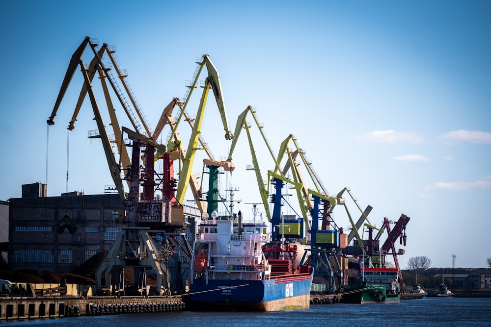 a group of cranes sitting on top of a body of water