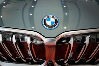 Close-up of a BMW’s golden emblem glowing subtly on a black grille.