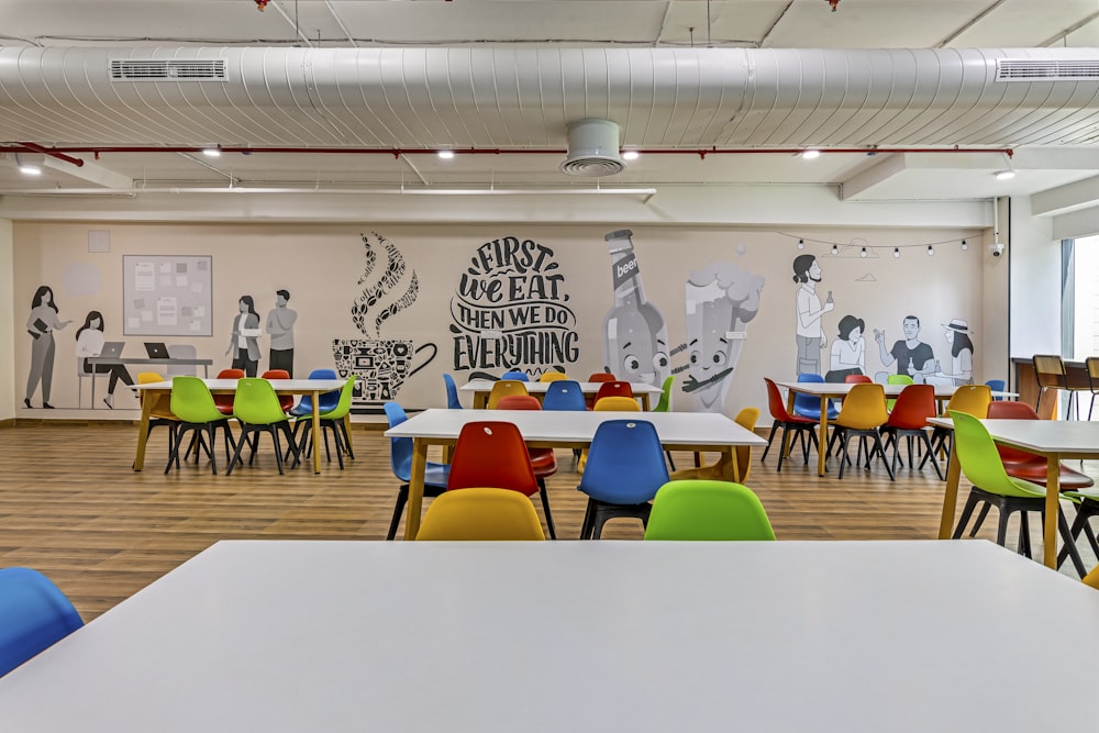 a classroom with tables, chairs, and a mural on the wall