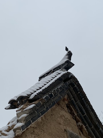 A traditional roof covered with snow, featuring ornate detailing and aged, dark-colored tiles against a pale sky.