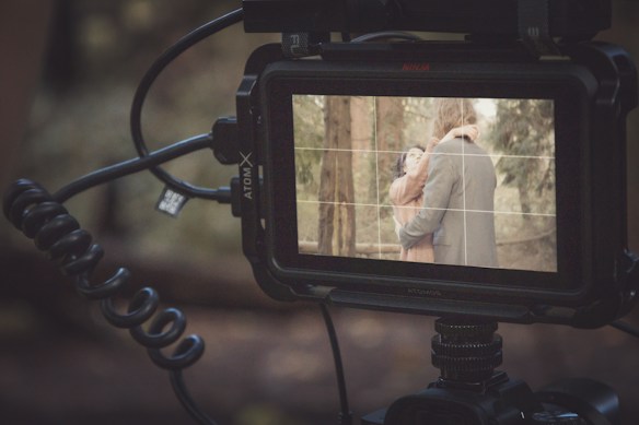 A camera screen displays a scene where two people are embracing in a forest setting. The camera screen is focused on the couple, capturing a moment of intimacy amidst trees. The surrounding environment is blurred, highlighting the focus on the screen.