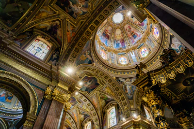 the ceiling of a church with many paintings on it
