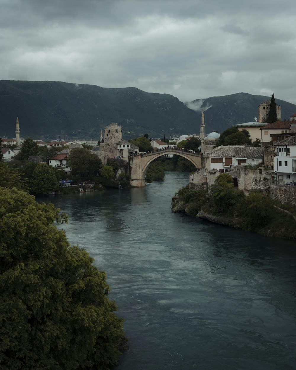 a river running through a city under a cloudy sky