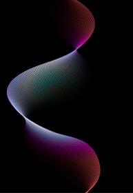 A dynamic, flowing wave composed of small, colorful dots against a black background. The wave moves in a fluid S-shape, with colors transitioning from vibrant purples at the top and bottom to softer blues and pinks in the center, creating a sense of depth and motion.