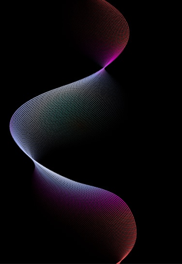 A dynamic, flowing wave composed of small, colorful dots against a black background. The wave moves in a fluid S-shape, with colors transitioning from vibrant purples at the top and bottom to softer blues and pinks in the center, creating a sense of depth and motion.
