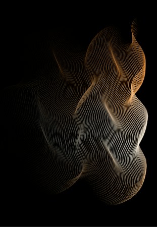 A dynamic digital pattern of small, evenly spaced dots forming wave-like shapes against a black background. The dots create a flowing, abstract design with a gradient from light to dark.