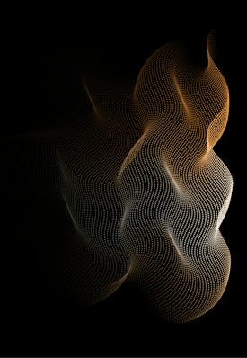 A dynamic digital pattern of small, evenly spaced dots forming wave-like shapes against a black background. The dots create a flowing, abstract design with a gradient from light to dark.