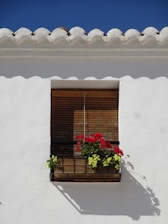a white building with a window and a flower box