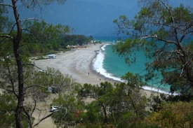 A scenic beach bordered by a turquoise sea curves gently along the coast. The shoreline is dotted with a few people enjoying the sand and water, while green pine trees frame the landscape from both sides. In the distance, a camper van is parked near the edge of the sand, suggesting a leisurely day at a secluded spot.