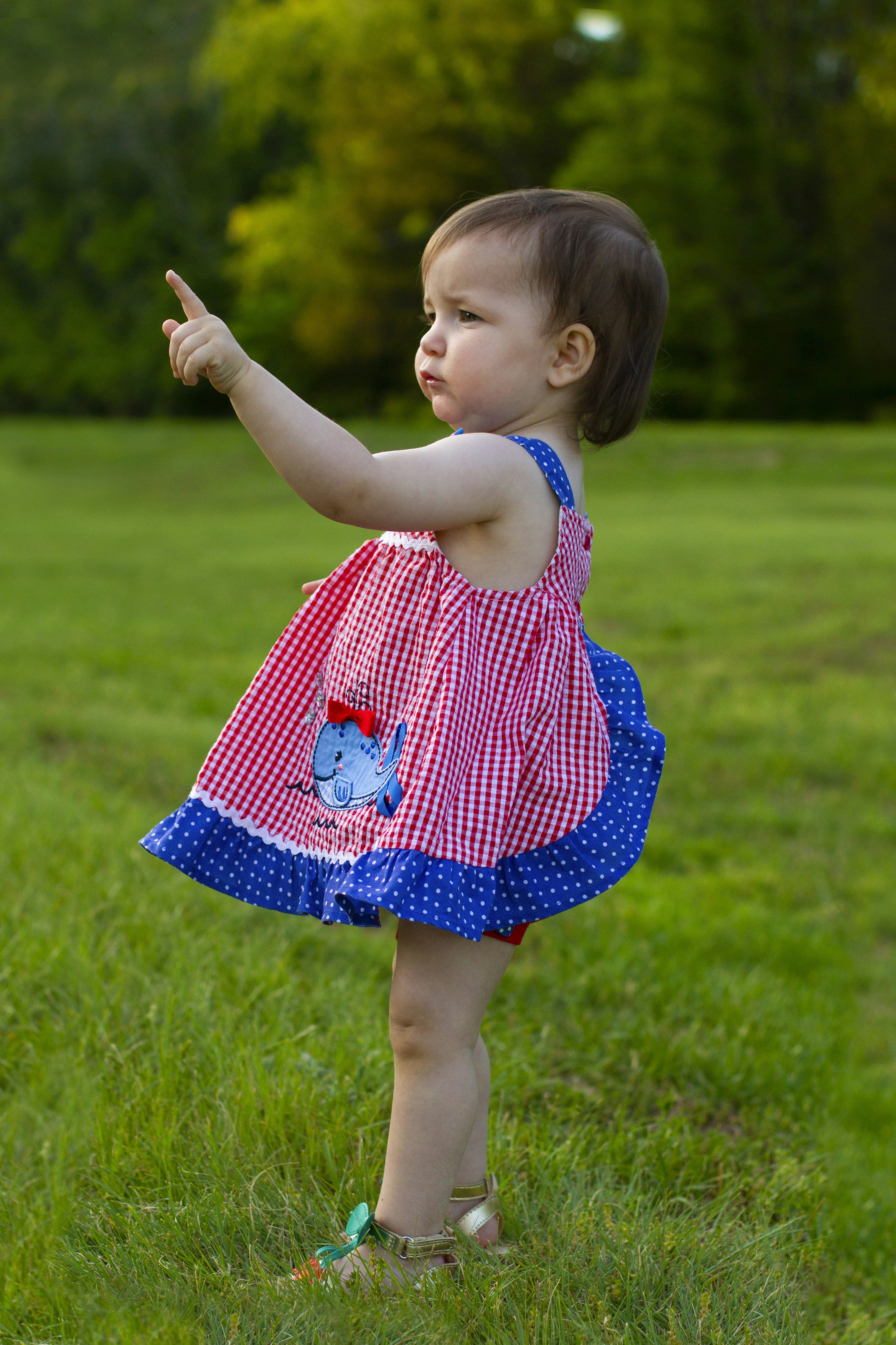 빨간색과 파란색 드레스를 입은 어린 소녀가 무언가를 가리키고 있다