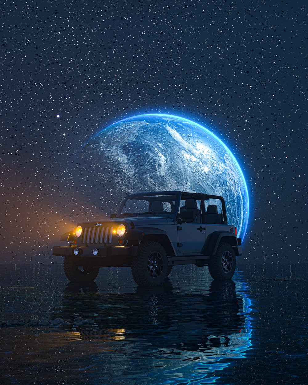 a jeep is parked in front of the earth