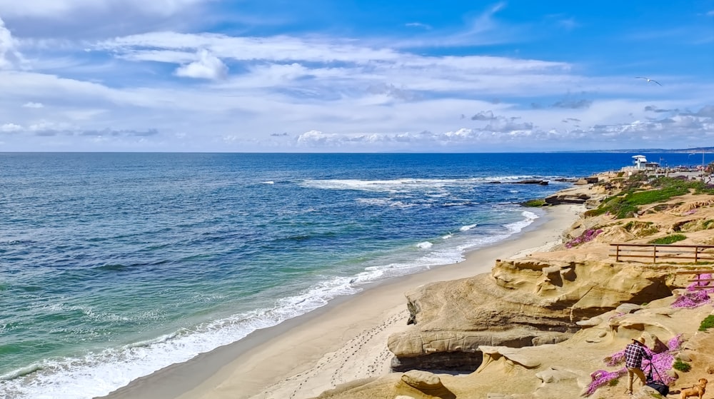 a view of a beach and ocean from a cliff