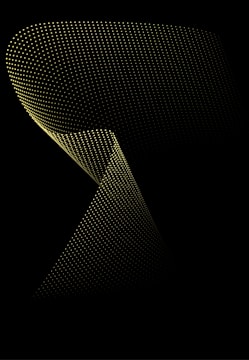A series of small, evenly spaced yellow dots form a twisting, three-dimensional spiral shape against a black background. The dots create an illusion of depth and movement, resembling a digital or abstract art piece.