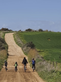 Group of friends biking together on a wide open trail with golden grass and clear blue skies.