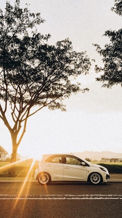 A white hatchback driving along a scenic coastal road at sunset.