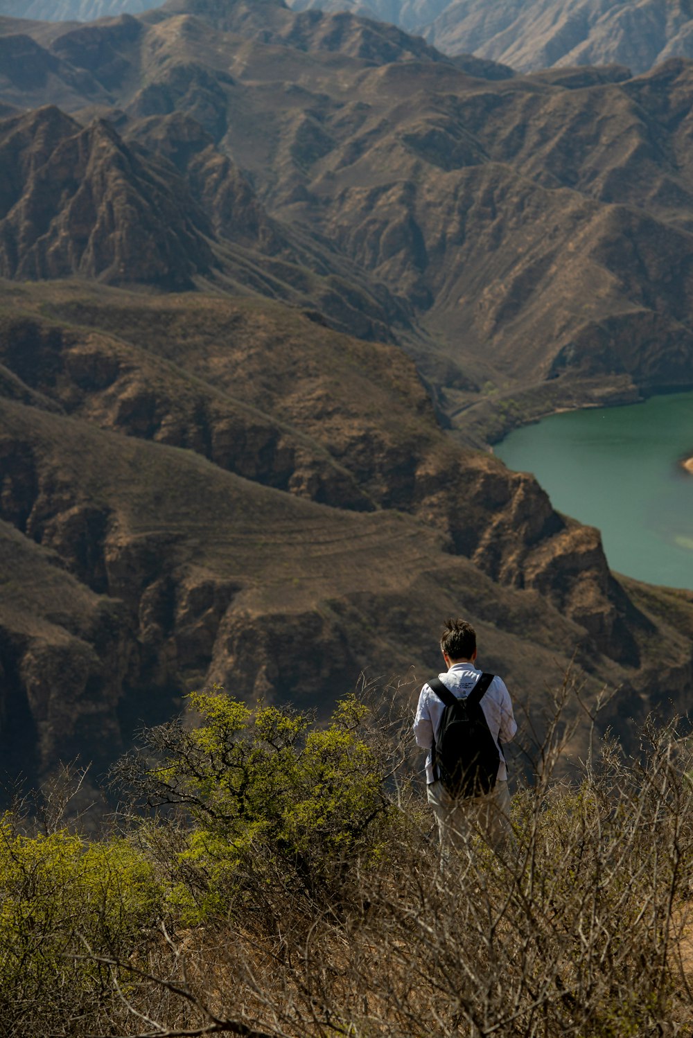 a person with a backpack standing on top of a hill