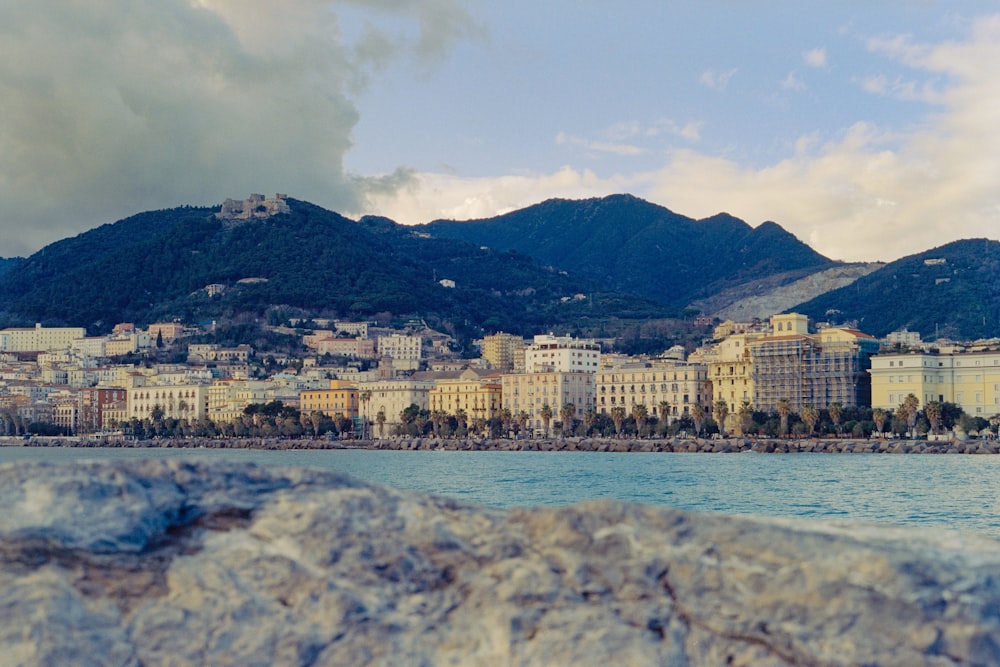 a view of a city with mountains in the background