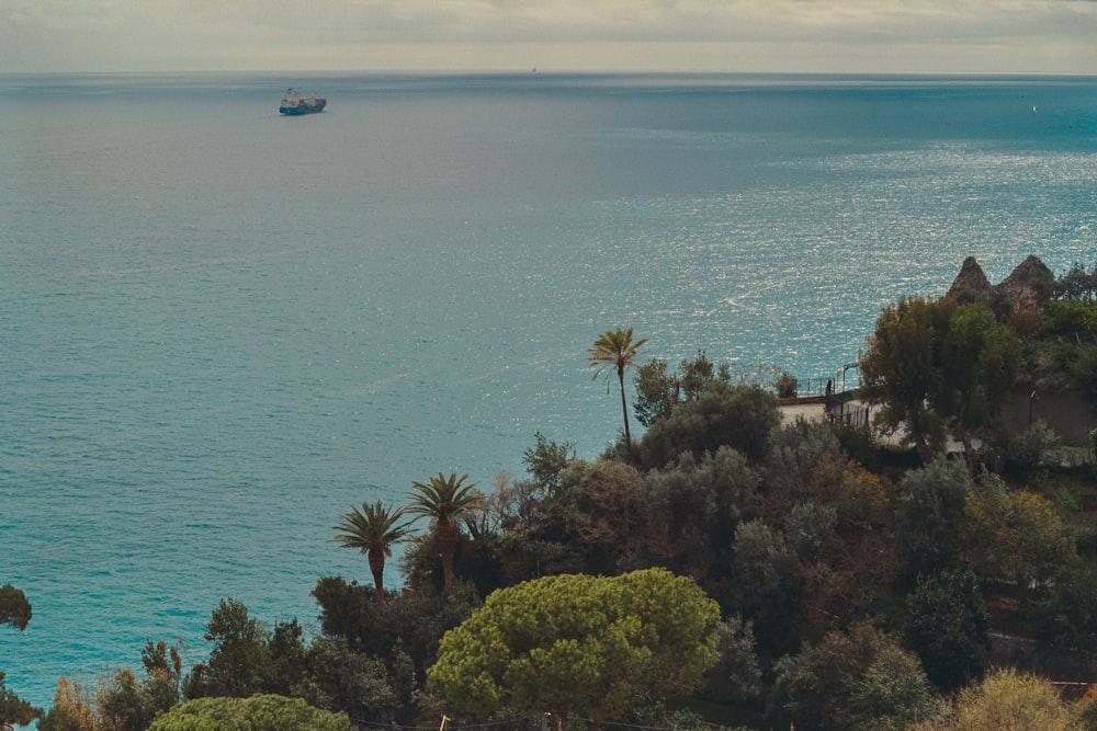 a boat is out on the water near some trees