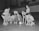 A group of female basketball players in uniforms gathers around a coach who is crouching near a basketball. They appear to be strategizing or planning, with the coach pointing at the court. The background includes a balcony with people observing the scene.