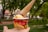 A hand holds a cup of ice cream featuring two scoops, one yellow and one purple, with an upside-down ice cream cone placed on top. The cup has vibrant red and yellow colors with 'Ice Cream' written on it, and there are blurred trees and a path in the background.