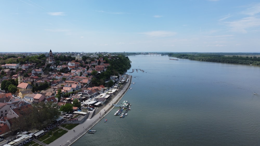 an aerial view of a city and a river