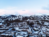 A scenic winter landscape featuring a snow-covered mountain range with ski trails visible. At the base of the mountains, a town with numerous snow-laden buildings is nestled among dense clusters of trees.