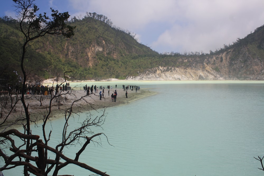 um grupo de pessoas em pé em uma praia ao lado de um corpo d'água