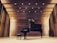 A grand piano and bench are placed on a wooden stage inside a concert hall. The walls and ceiling are composed of wooden panels with spotlights illuminating the area.