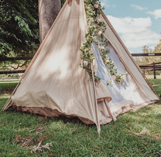 a teepee is set up in the grass near a tree