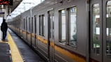 A long passenger train is stationed at an indoor platform with a person standing nearby. The platform has a yellow safety line and there are overhead signs visible.
