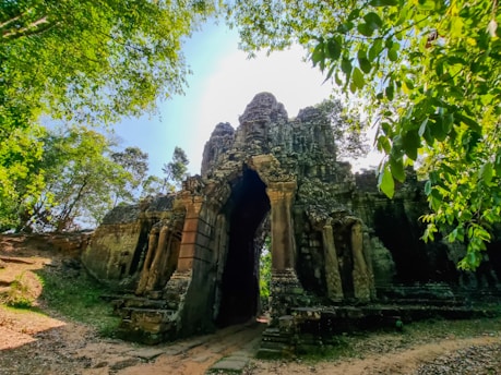 An ancient stone gateway stands amidst a lush green forest, partially covered by creeping vegetation. The structure appears weathered, with intricate carvings and a large central archway. Sunlight filters through the surrounding trees, casting shadows on the path leading through the arch.