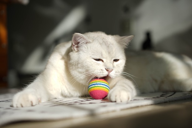 A happy cat gently playing with a green grass-colored toy in a bright room.