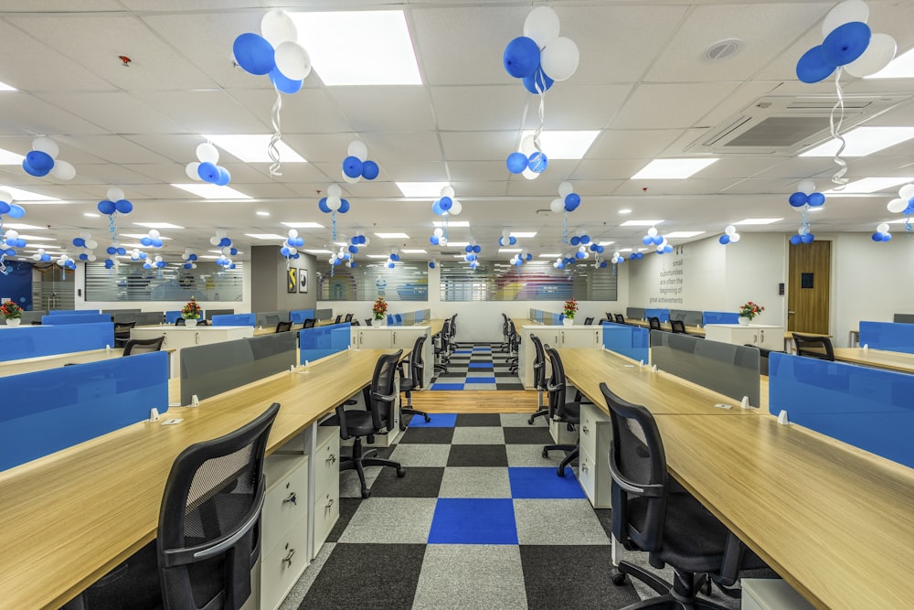 a room with a checkered floor and blue and white decorations